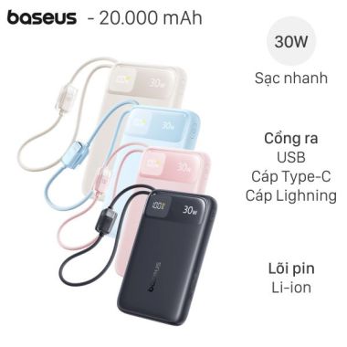 Pin sạc dự phòng 20000mAh Type C PD QC 3.0 30W Baseus Comet Pro E0027Y kèm Cáp Lightning và Type C