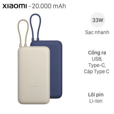 Pin sạc dự phòng 20000mAh Type C PD QC 3.0 33W Xiaomi PB2030MI kèm Cáp Type C