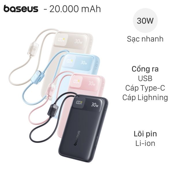 Pin sạc dự phòng 20000mAh Type C PD QC 3.0 30W Baseus Comet Pro E0027Y kèm Cáp Lightning và Type C