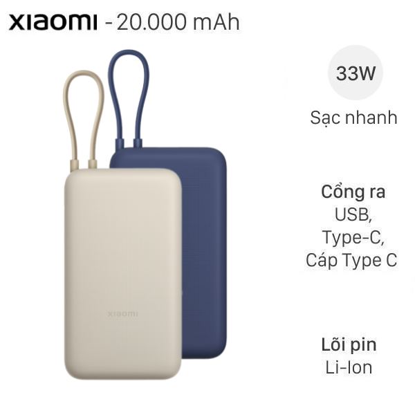 Pin sạc dự phòng 20000mAh Type C PD QC 3.0 33W Xiaomi PB2030MI kèm Cáp Type C
